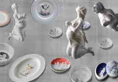 Plates and Bowls · 2006 · underglaze painting on ceramics — sculptures: untitled · 2006 · plaster · H 47 cm